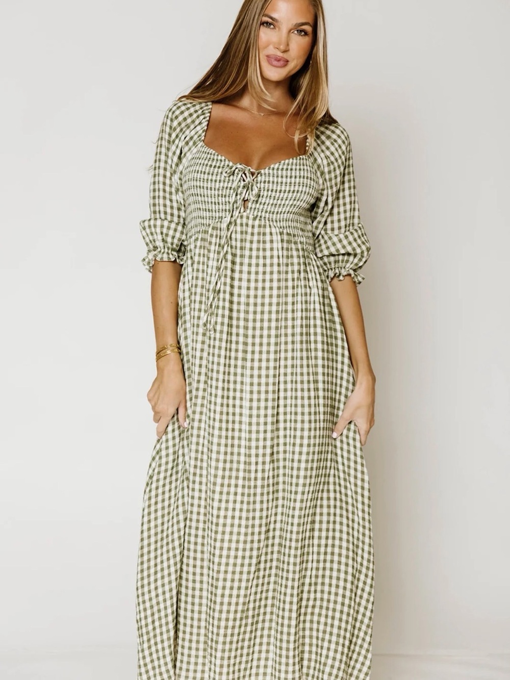 Smocked Gingham Midi Dress in Olive with Sweetheart Neckline